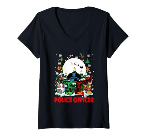 Damen Polizist Arbeitswerkzeuge Weihnachtsmann Schneemänner Rentier Weihnachten T-Shirt mit V-Ausschnitt von Police Office Christmas Costume