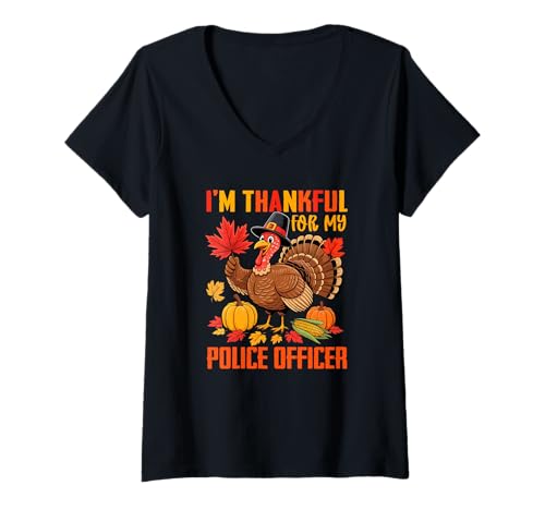 Damen Dankbar für den Polizeibeamten Thanksgiving Herbst Truthahn Lover T-Shirt mit V-Ausschnitt von Police Office Thanksgiving Costume