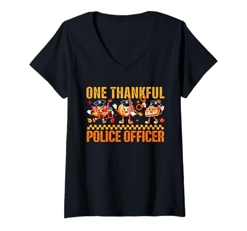 Damen One Thankful Police Officer Thanksgiving Herbst Kürbiskuchen T-Shirt mit V-Ausschnitt von Police Office Thanksgiving Costume