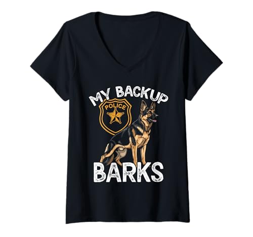 Damen Police Officer My Backup Barks Deutscher Schäferhund T-Shirt mit V-Ausschnitt von Police Officer German Shepherd Patrol