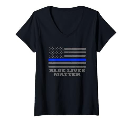 Damen Blue Lives Matter, Geschenk für Polizisten, dünne Blaue Linie T-Shirt mit V-Ausschnitt von Police Officer Gifts
