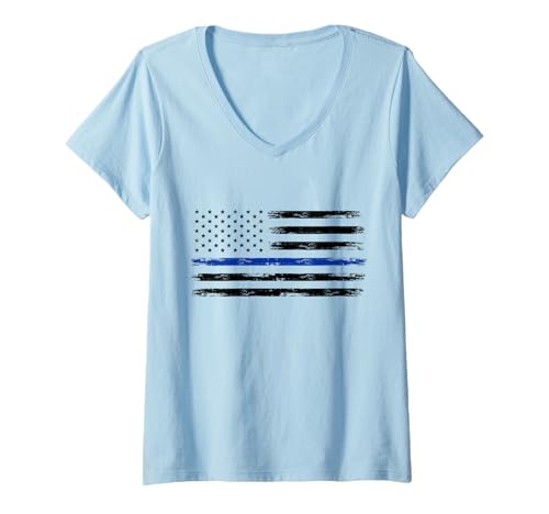 Damen Police Officer US-amerikanische Flagge dünne Blaue Linie T-Shirt mit V-Ausschnitt von Police Officer Support Clothing Thin Blue Line