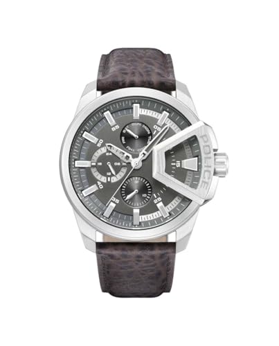 Police Underlined Herren Armbanduhr aus Edelstahl und Leder in der Farbe Silber-Braun 46mm, Wasserdichtigkeit: 5 Bar, PEWJF0005703 von Police