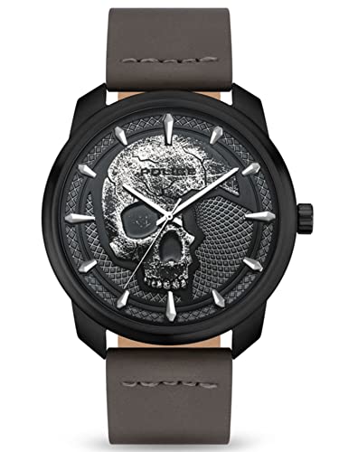 Police Bleder Herren Armbanduhr aus Edelstahl und Leder in der Farbe Grau-Schwarz, Durchmesser: 44mm, Wasserdichtigkeit: 5Bar, PL15714JSU61A von Police