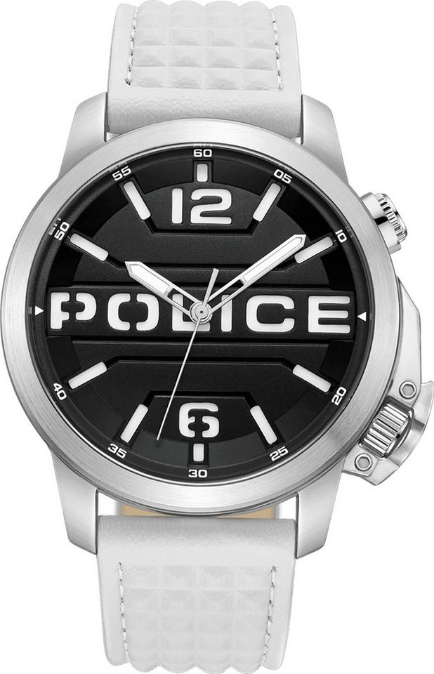 Police Quarzuhr Police Herrenuhr Leder weiß, (Analoguhr), Herrenuhr rund, extra groß (ca. 44x52mm) Lederarmband von Police