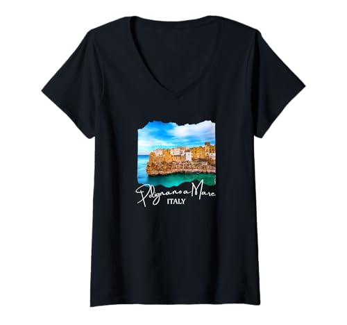 Damen Italien Polignano a Mare T-Shirt mit V-Ausschnitt von Polignano a Mare Souvenirs