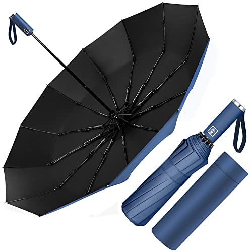 Poligono Regenschirm Sturmfest, Taschenschirm Automatisch Auf und Zu für Herren und Damen, kompakt, 12 Knochenschirm Groß, Durchmesser 105 cm (Blau) von Poligono