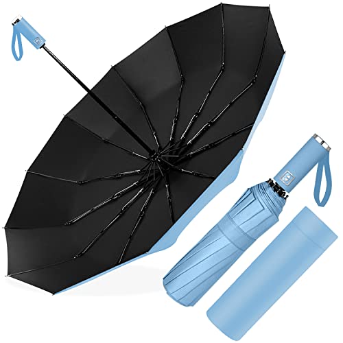 Regenschirm Sturmfest, Taschenschirm Automatisch Auf und Zu für Herren und Damen, kompakt, 12 Knochenschirm Groß, Durchmesser 105 cm (Himmelblau) von Poligono