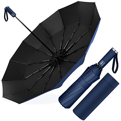 Poligono Regenschirm Sturmfest, Taschenschirm Automatisch Auf und Zu für Herren und Damen, kompakt, 12 Knochenschirm Groß, Durchmesser 105 cm (Navy Blau) von Poligono