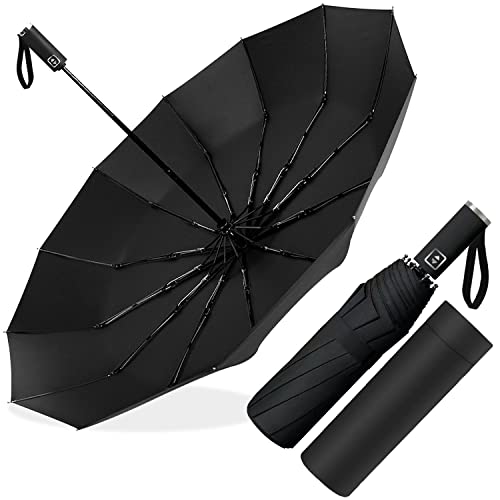 Poligono Regenschirm Sturmfest, Taschenschirm Automatisch Auf und Zu für Herren und Damen, kompakt, 12 Knochenschirm Groß, Durchmesser 105 cm (Schwarz) von Poligono