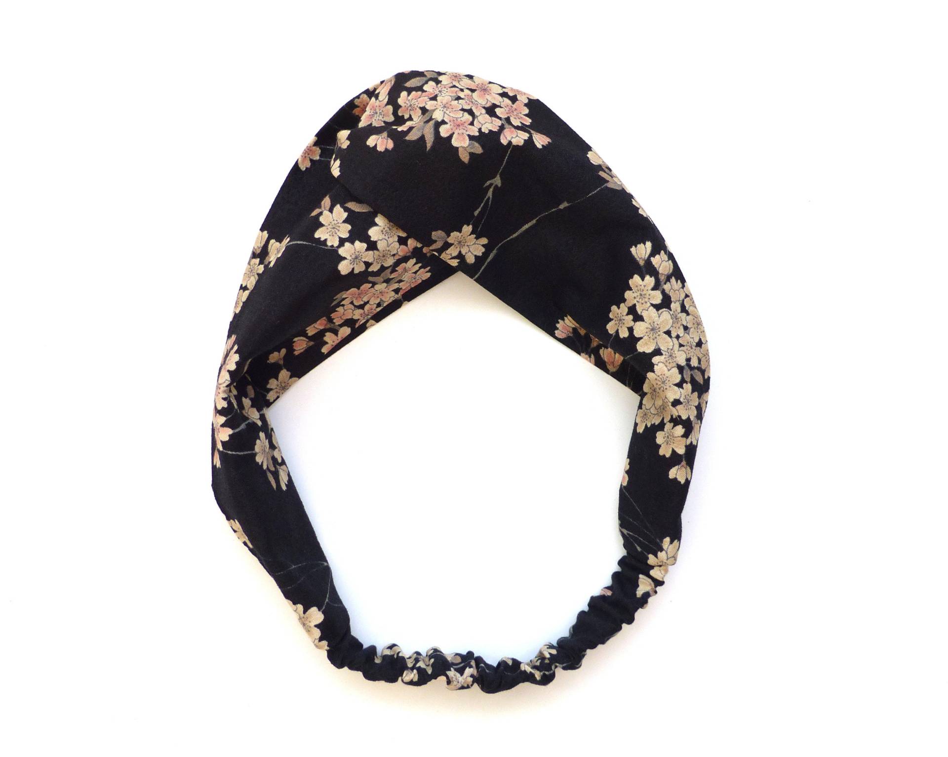 In 3 Breiten Stirnband Schwarz Mit Pastell Beige Rosa Kirschblüten, Japanisch Baumwoll-Krepp Stoff, Twist Haarband Knoten, Damen In 3 Breiten Stirnband Schwarz Mit Pastell Beige Rosa Kirschblüten, Japanisch Baumwoll-Krepp Stoff, Twist Haarband Knoten, Damen von PolinaCouture