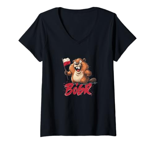 Damen Happy Bóbr Look im polnischen Stil T-Shirt mit V-Ausschnitt von Polish Bóbr Outfit