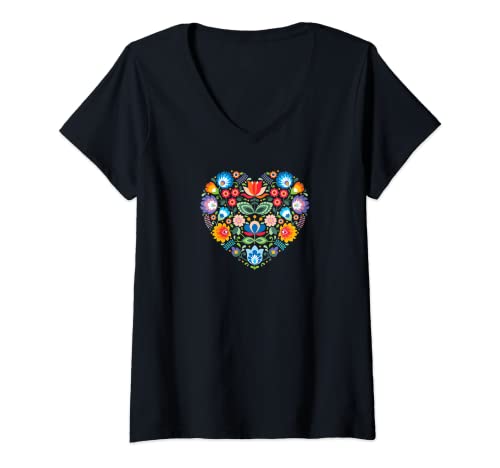 Damen Folk Heart Cute Love Polnisch Slavic Floral Pattern Art Fest T-Shirt mit V-Ausschnitt von Polish Foodies