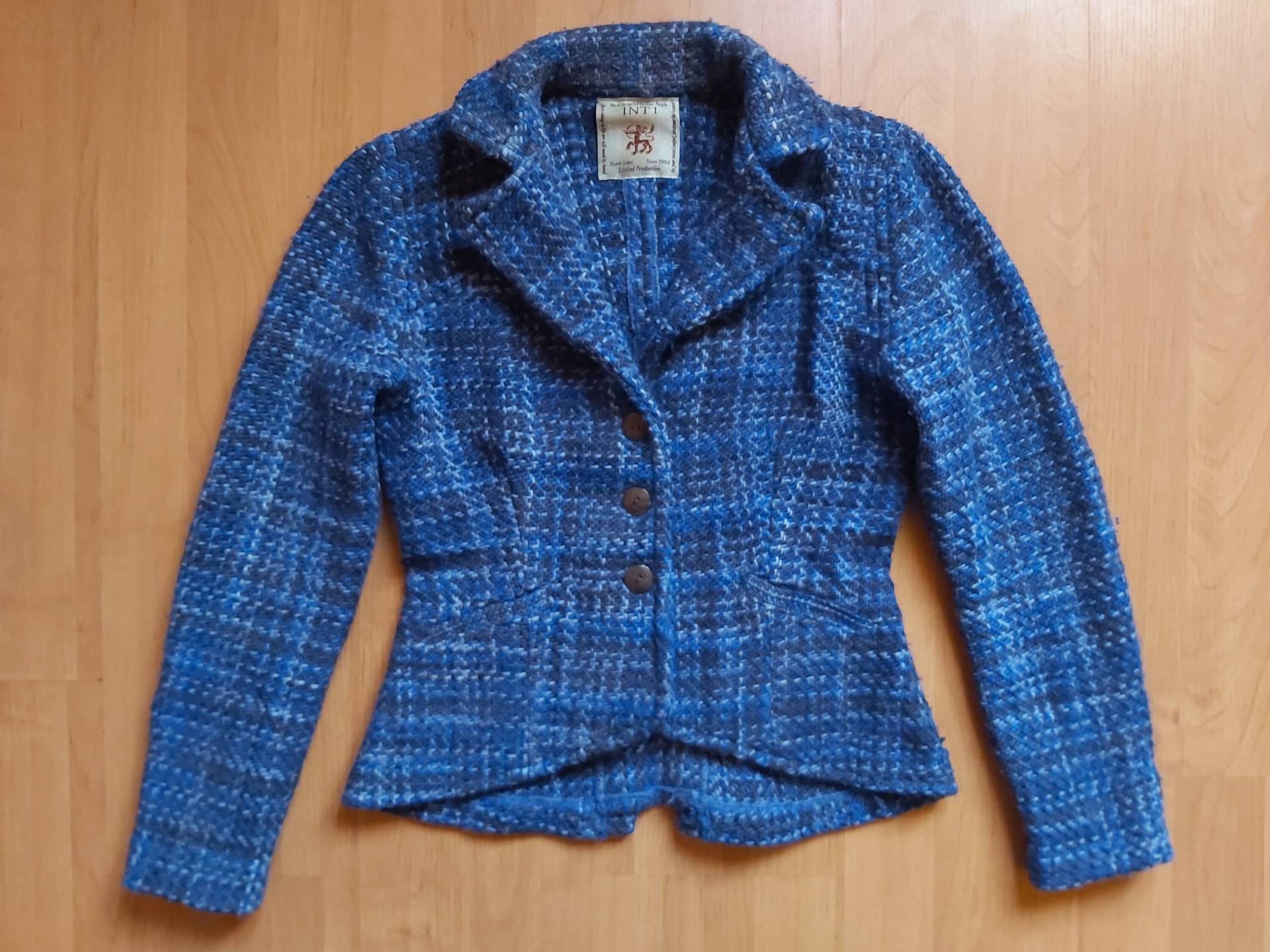 Vintage Y2K Inti Strick Merino Wolle Jacke Boho Geometrisch Marine Blau Tweed Handarbeit Ethno Patchwork Blazer 1990Er Jahre Made in Ecuador von PolishVintagePlace