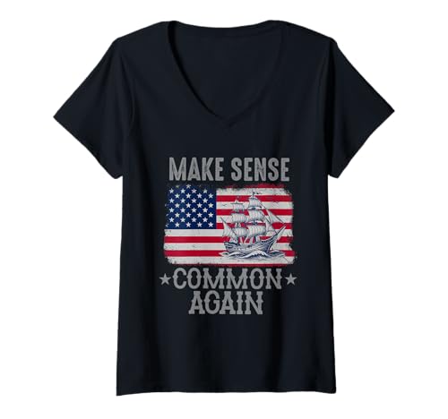 Damen Make Sense Common Again Lustiger Politikspruch Amerikanische Flagge T-Shirt mit V-Ausschnitt von Politics democrat republican liberal
