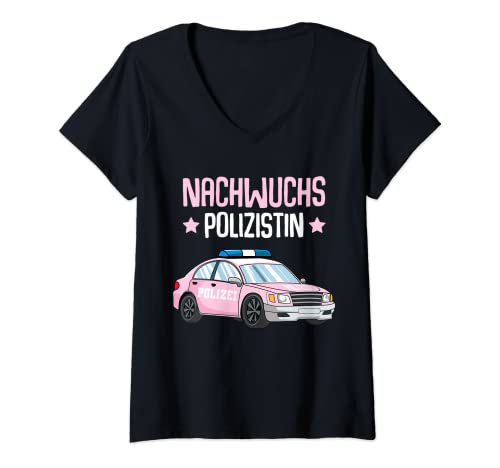 Damen Nachwuchs Polizistin Polizei Mädchen Kinder T-Shirt mit V-Ausschnitt von Polizeiauto Geschenke