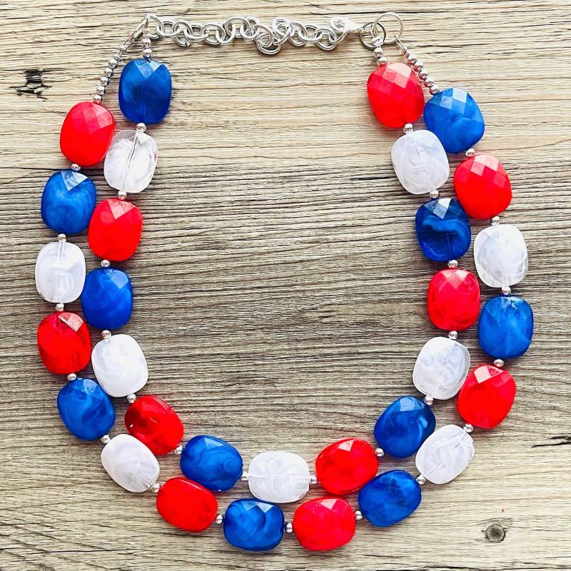 4Th Of Jul Double-Layer Statement Kette Mit Silbernen Akzenten - Chunky Jewelry Bunt Amerika Rote Weisse Und Blaue Perlen 4Th Of Jul Double-Layer Statement Kette Mit Silbernen Akzenten - Chunky Jewelry Bunt Amerika Rote Weisse Und Blaue Perlen von PolkaDotDrawer