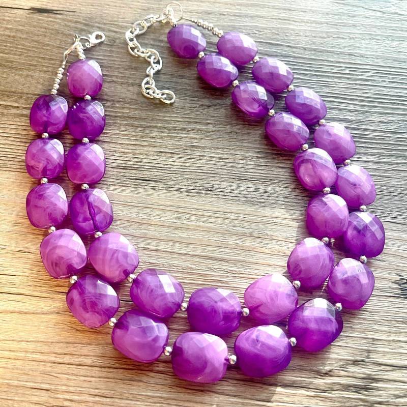 Chunky Statement Halskette, 2 Strang Royal Purple Perlenkette & Ohrringe, Dunkel Lila Lätzchen, Schmuck Set Silber von PolkaDotDrawer