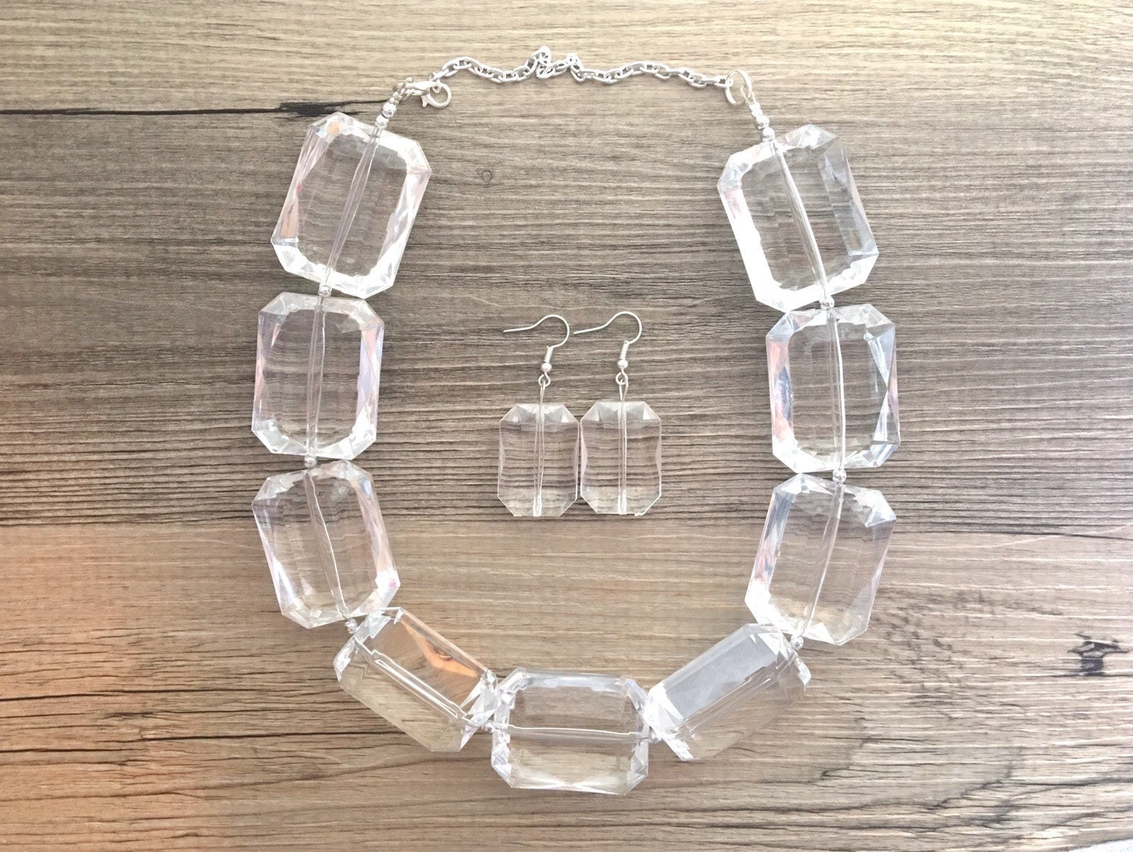 Extra Chunky Einzelstrang Klarer Kristall Statement Halskette Und Ohrringe Set, Große Lucite Harz Perle Acetat Acryl von PolkaDotDrawer