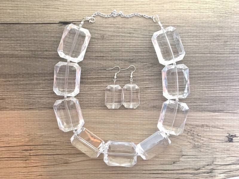 Extra Chunky Einzelstrang Klarer Kristall Statement Halskette Und Ohrringe Set, Große Lucite Harz Perle Acetat Acryl von PolkaDotDrawer