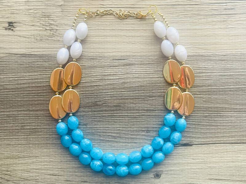 Gold Nautik Inspiriert Chunky Statement Halskette, Große Perlen Schmuck Geschenke Für Frauen Lätzchen Multi Strand, Aqua Blau Weiß Swirl von PolkaDotDrawer