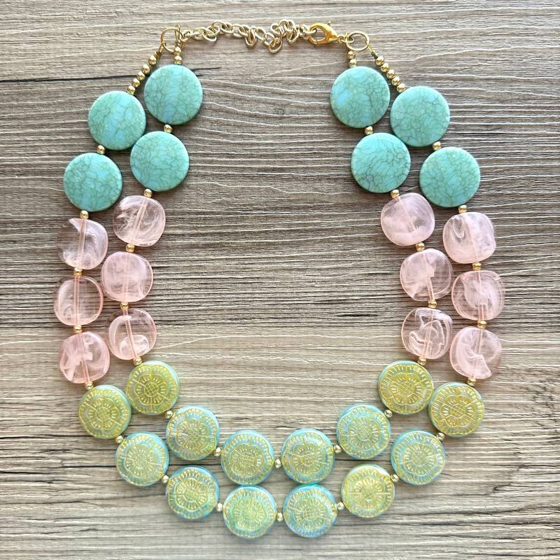 Lime & Turquoise Ombre Statement Halskette, Chunky Zwei Strang Schmuck, Farbblock Koralle Rosa Blau Brautjungfer Halskette Grün von PolkaDotDrawer