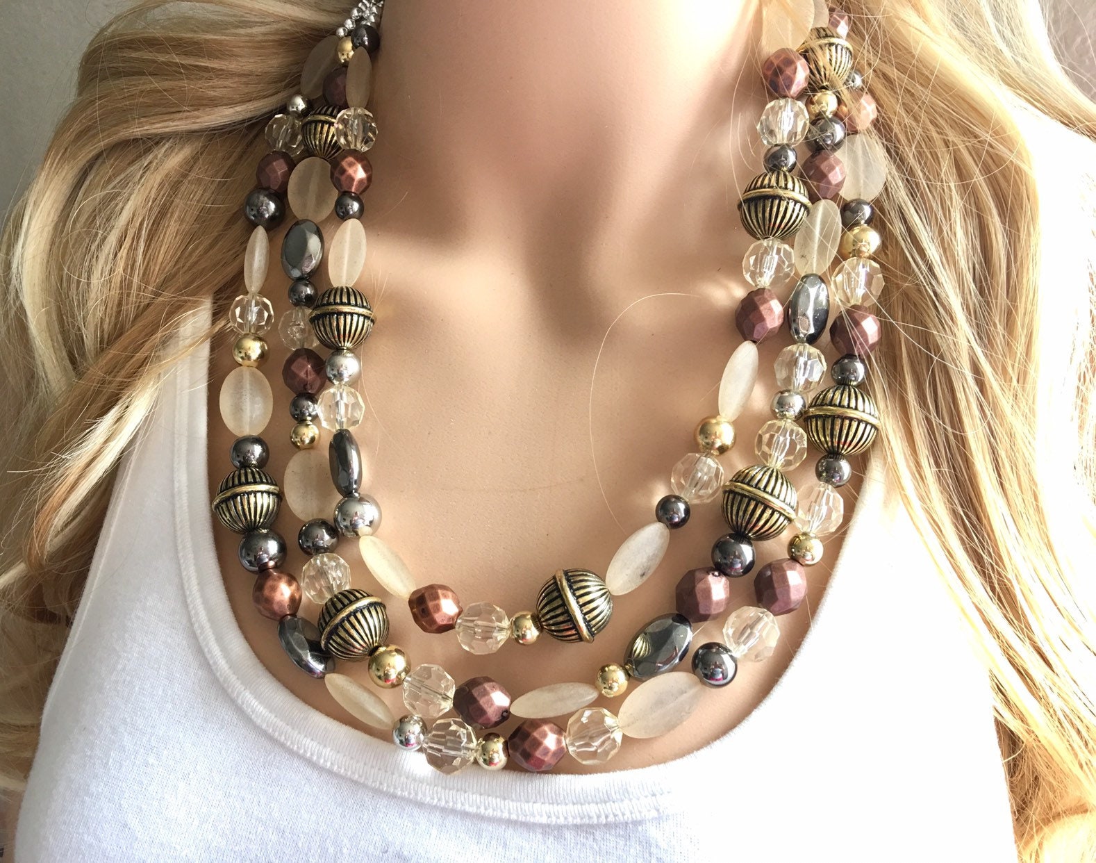 Metallic Spiegelball Silber Gold & Gunmetal Schmuck, Goldkragen Metall Dreifachstrang Klobige Statement Perlenjuwelen von PolkaDotDrawer