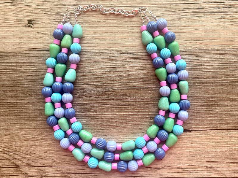 Monte Carlo Statement Halskette, Chunky 3 Strand Schmuck, Blaue Halskette Pink Grün Lätzchen Türkis Silber von PolkaDotDrawer