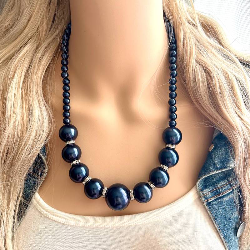 Navy Blau Perle Klobige Statement Halskette, Brautjungfer Oder Alltag Bib Lange Schmuck, Große Kugel Blase Formelle Tanzabnutzung von PolkaDotDrawer