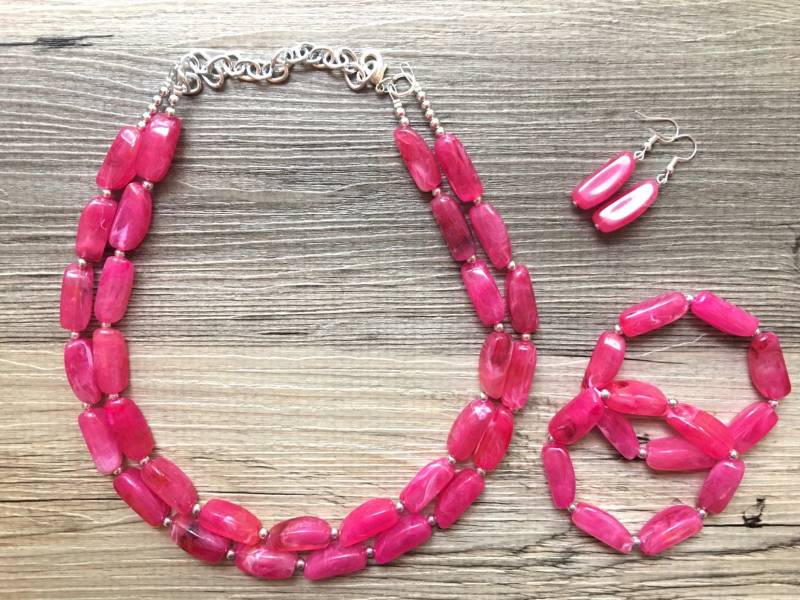 Rosa Statement Schmuck Set, Große Perlen Chunky Halskette Ohrringe, Doppel Strand Hochzeit Jeden Tag Multi Strang Brautjungfer von PolkaDotDrawer