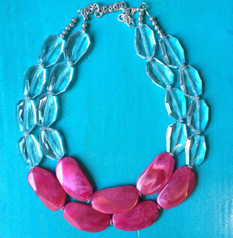 Rosa Und Klare Große Perlen Chunky Statement Halskette - Doppelstrang Hochzeit Oder Alltägliche Perle Multistrang Schmuck von PolkaDotDrawer