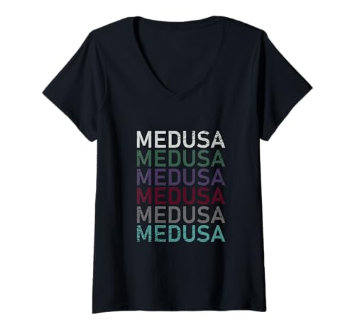 Damen Medusa Repeat Vintage T-Shirt mit V-Ausschnitt Damen Medusa Repeat Vintage T-Shirt mit V-Ausschnitt von Pollia Design