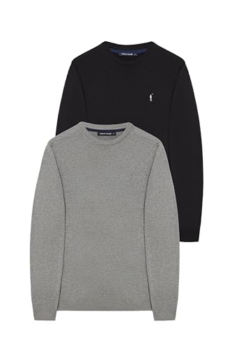 Polo Club 2er-Pack Strickpullover 100% Baumwolle Gräu und Schwarz - Langarm Herren Pullover Crew Neck Sweat von Polo Club