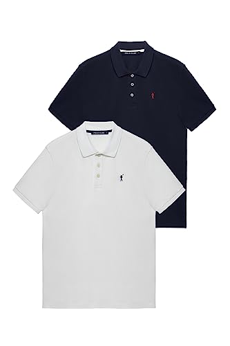 Polo Club Herren 2er Pack Poloshirt Kurzarm Baumwolle Weiß und Marine Blau Stickerei Regular Fit Polohemd Männer von Polo Club