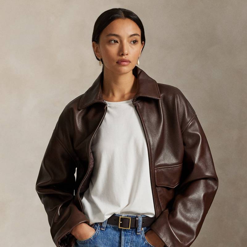 Cropped Leather Bomber Jacket von Polo Ralph Lauren