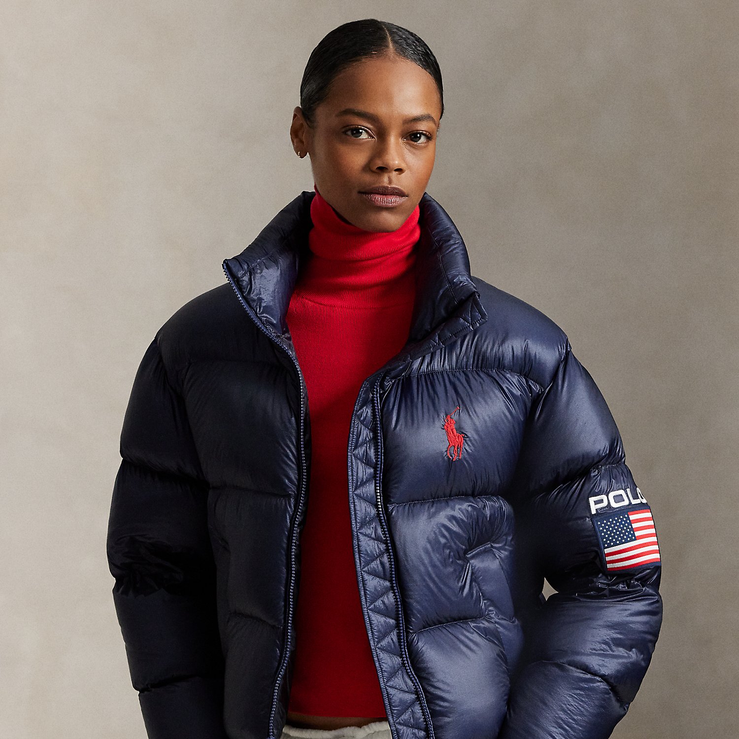 Daunen-Pufferjacke mit US-Flagge von Polo Ralph Lauren
