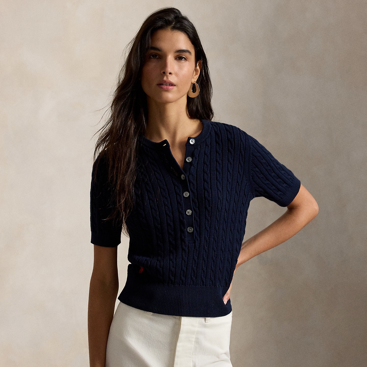 Henley-Kurzarmpullover mit Zopfmuster von Polo Ralph Lauren