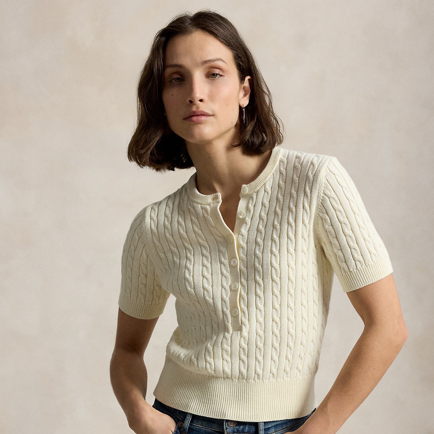 Henley-Kurzarmpullover mit Zopfmuster von Polo Ralph Lauren
