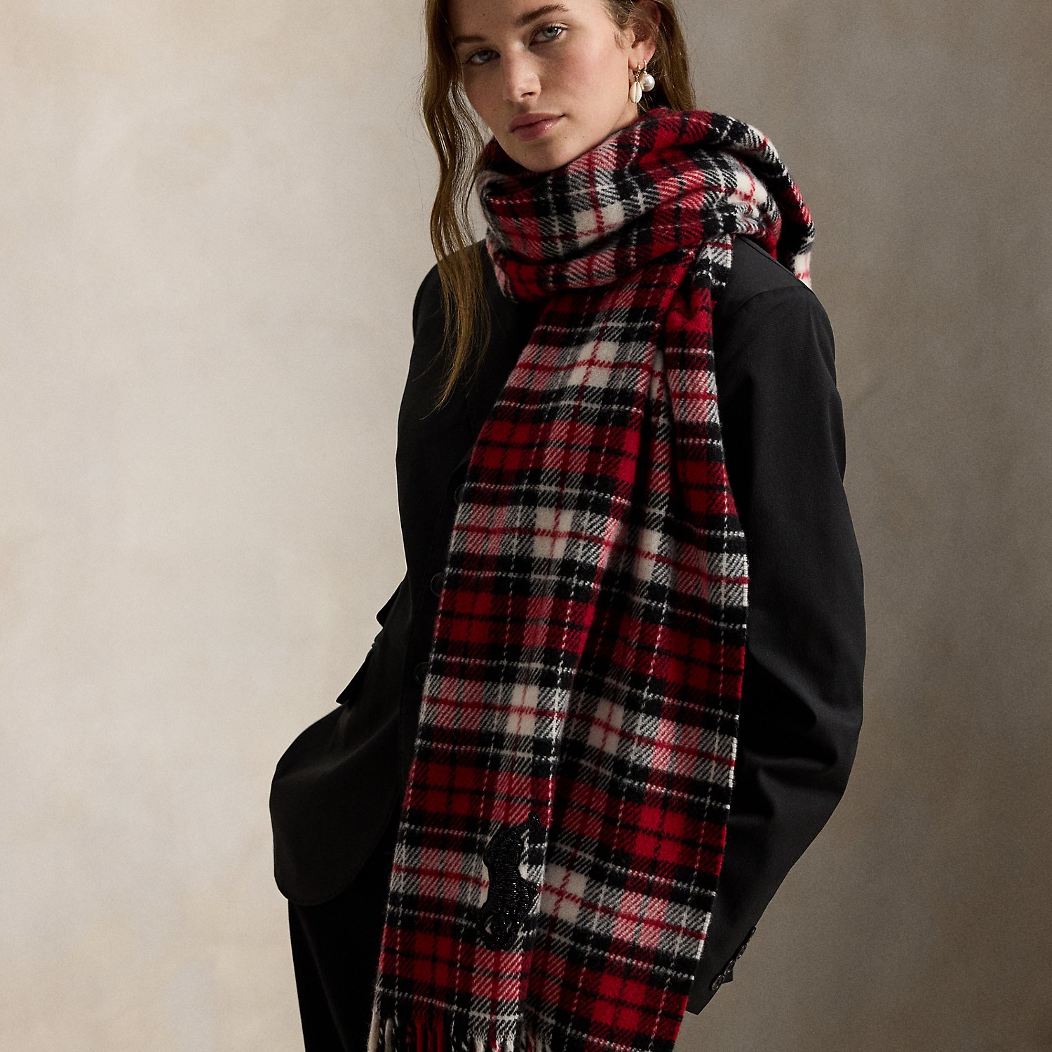 Karierter Wollschal mit Perlen-Big Pony von Polo Ralph Lauren