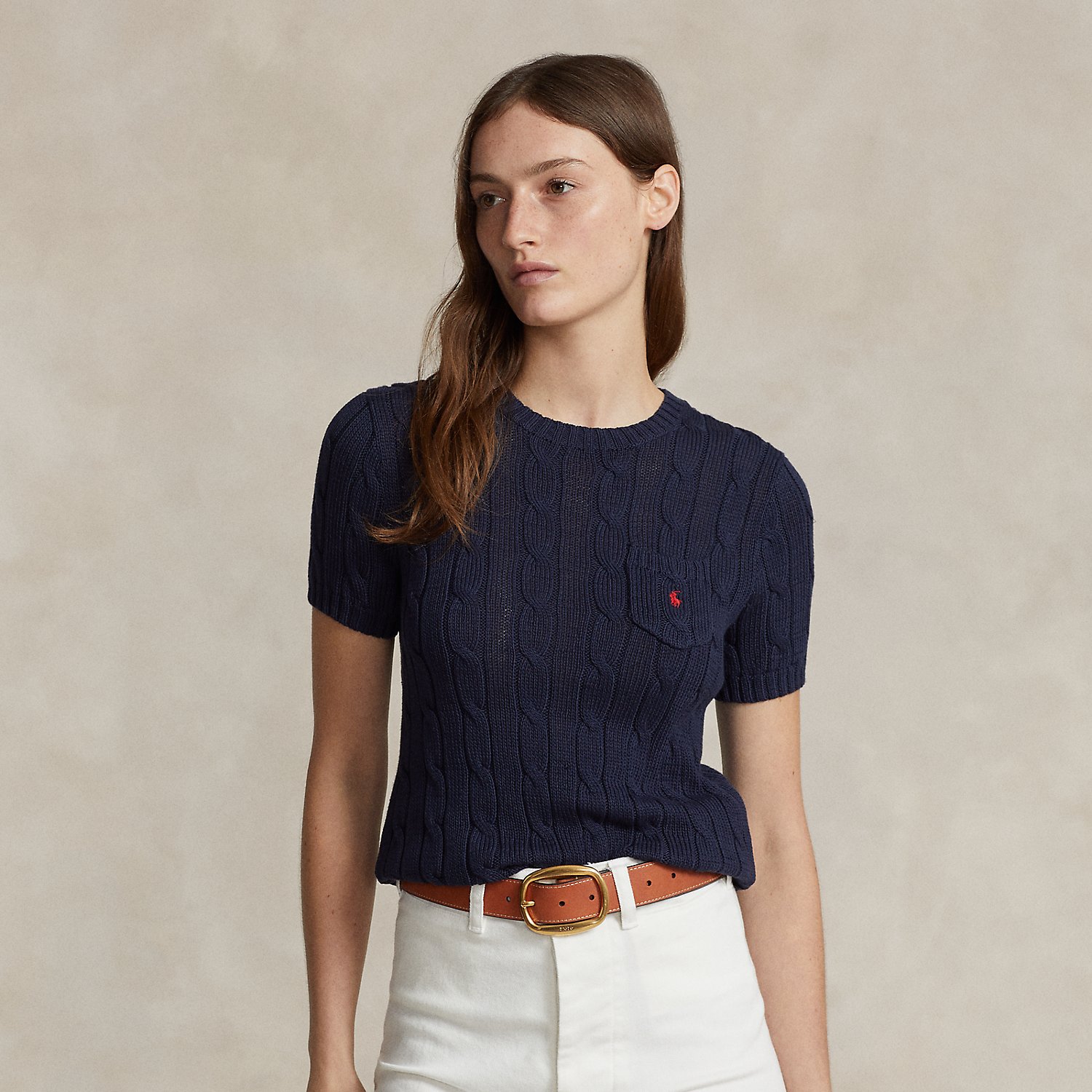 Kurzarmpullover mit Zopfmuster von Polo Ralph Lauren