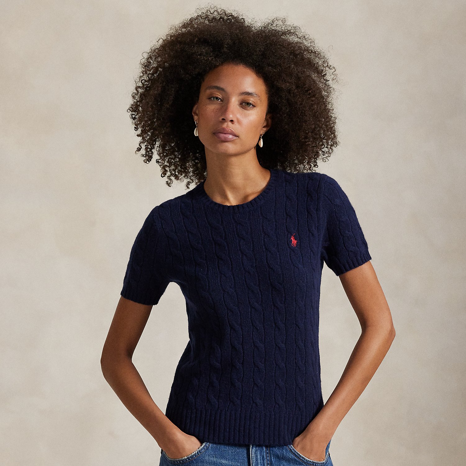 Kurzarmpullover mit Zopfmuster von Polo Ralph Lauren