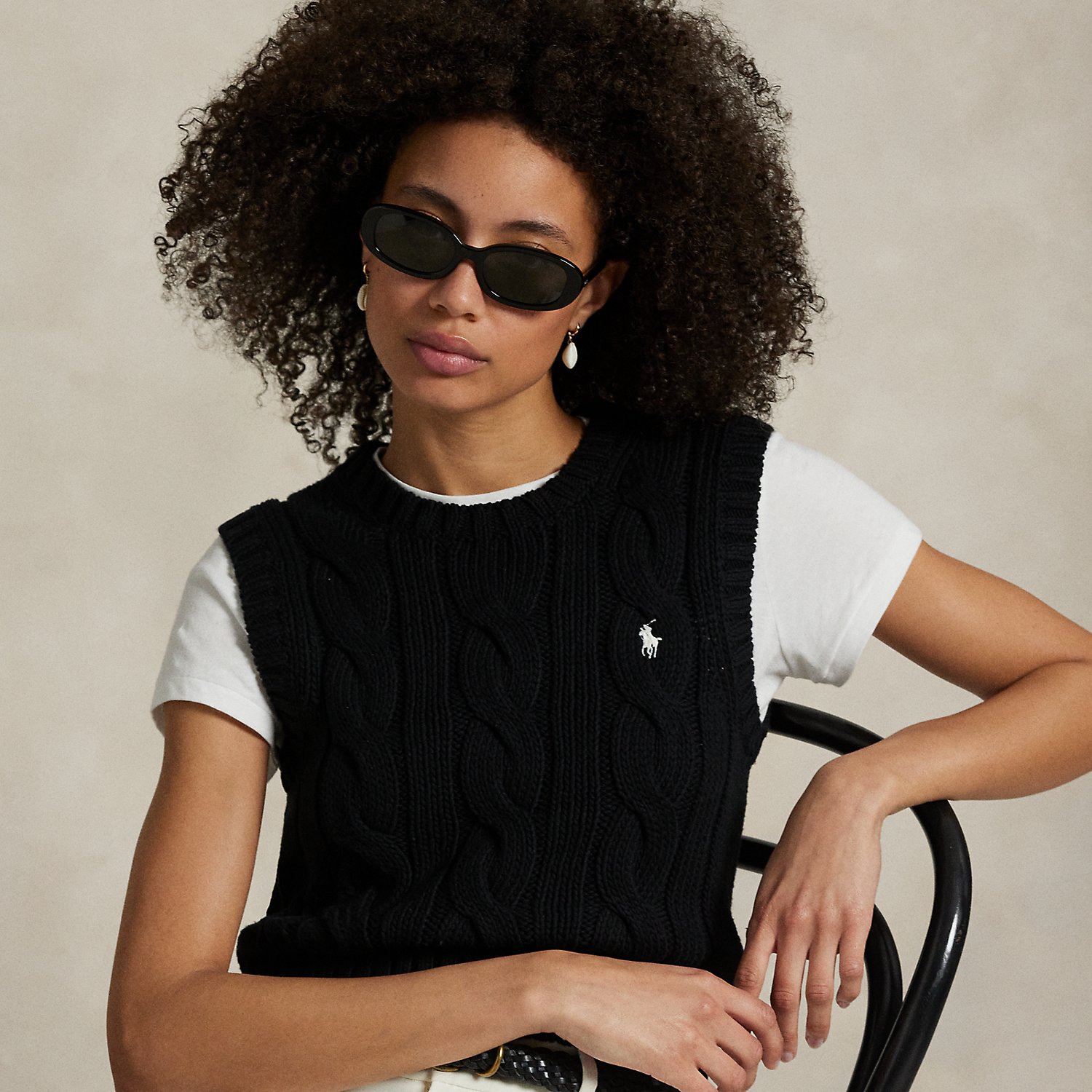 Kurzer Baumwollpullunder mit Zopfmuster von Polo Ralph Lauren