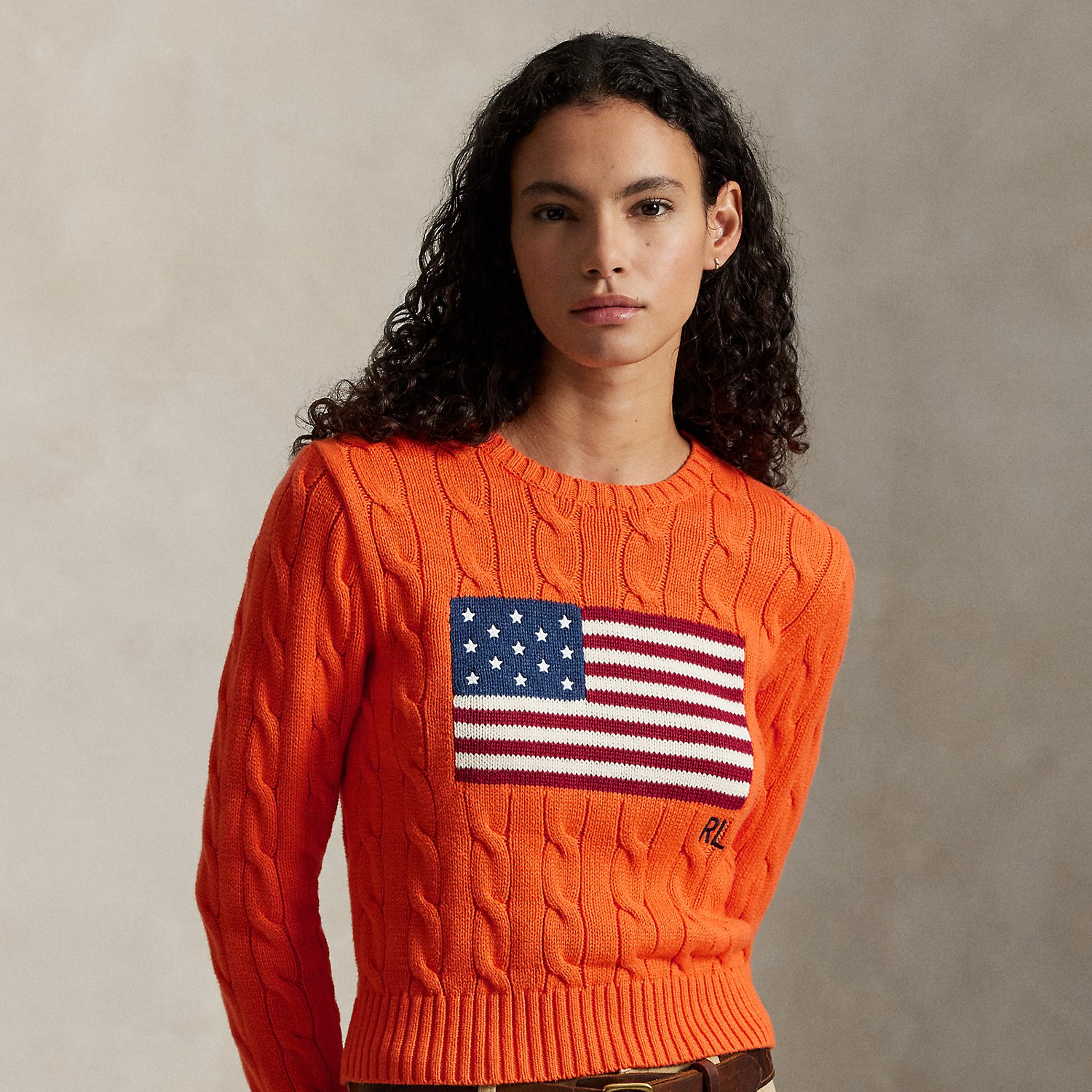 Kurzer Zopfmusterpullover mit US-Flagge von Polo Ralph Lauren