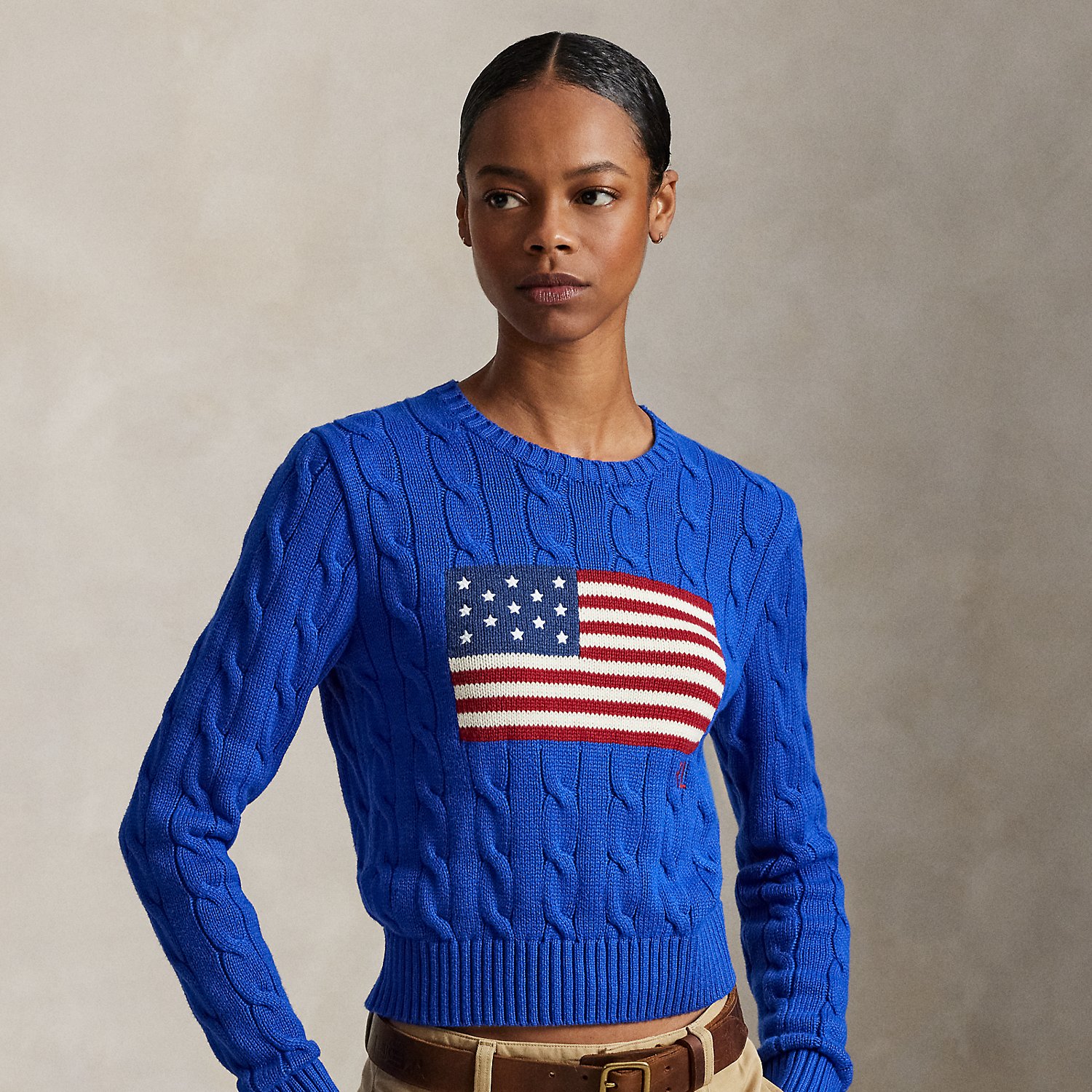 Kurzer Zopfmusterpullover mit US-Flagge von Polo Ralph Lauren
