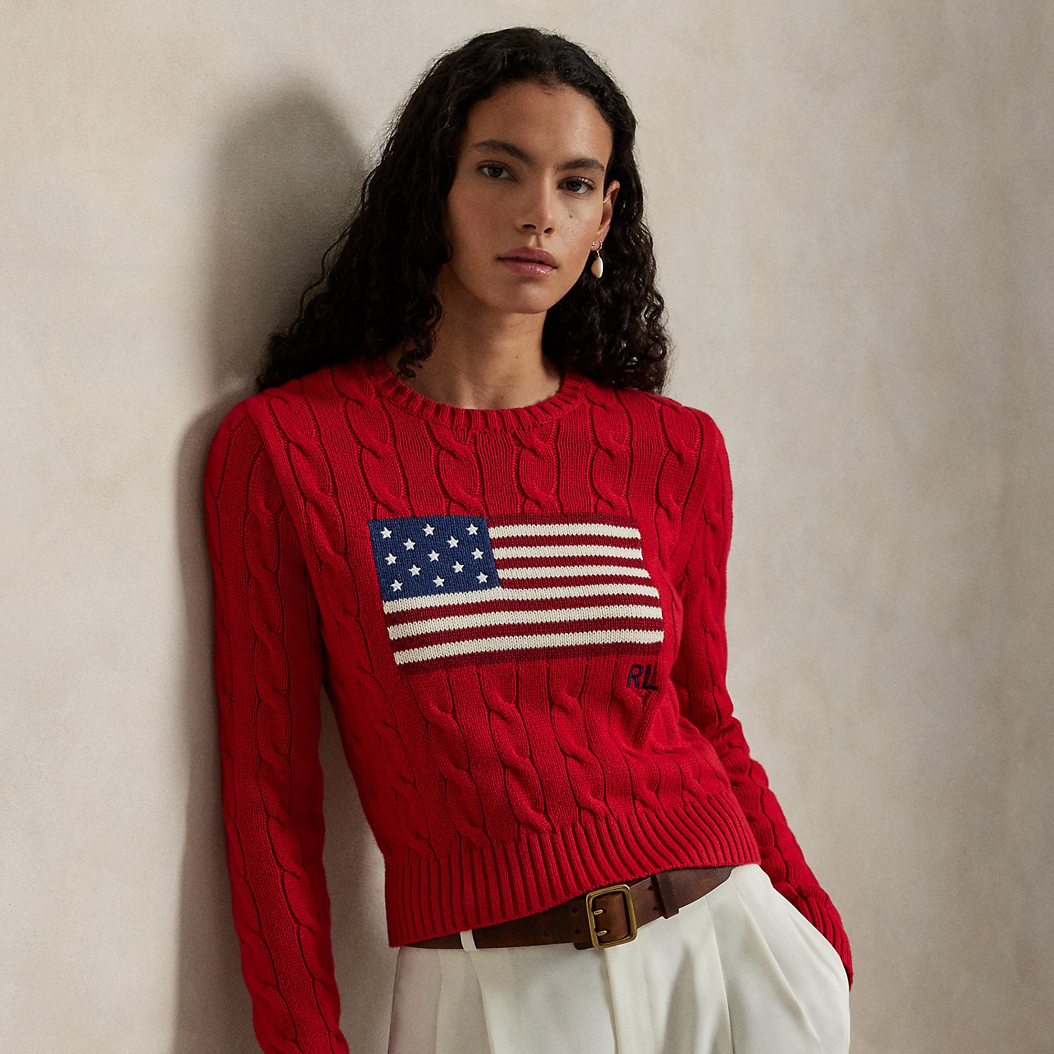 Kurzer Zopfmusterpullover mit US-Flagge von Polo Ralph Lauren