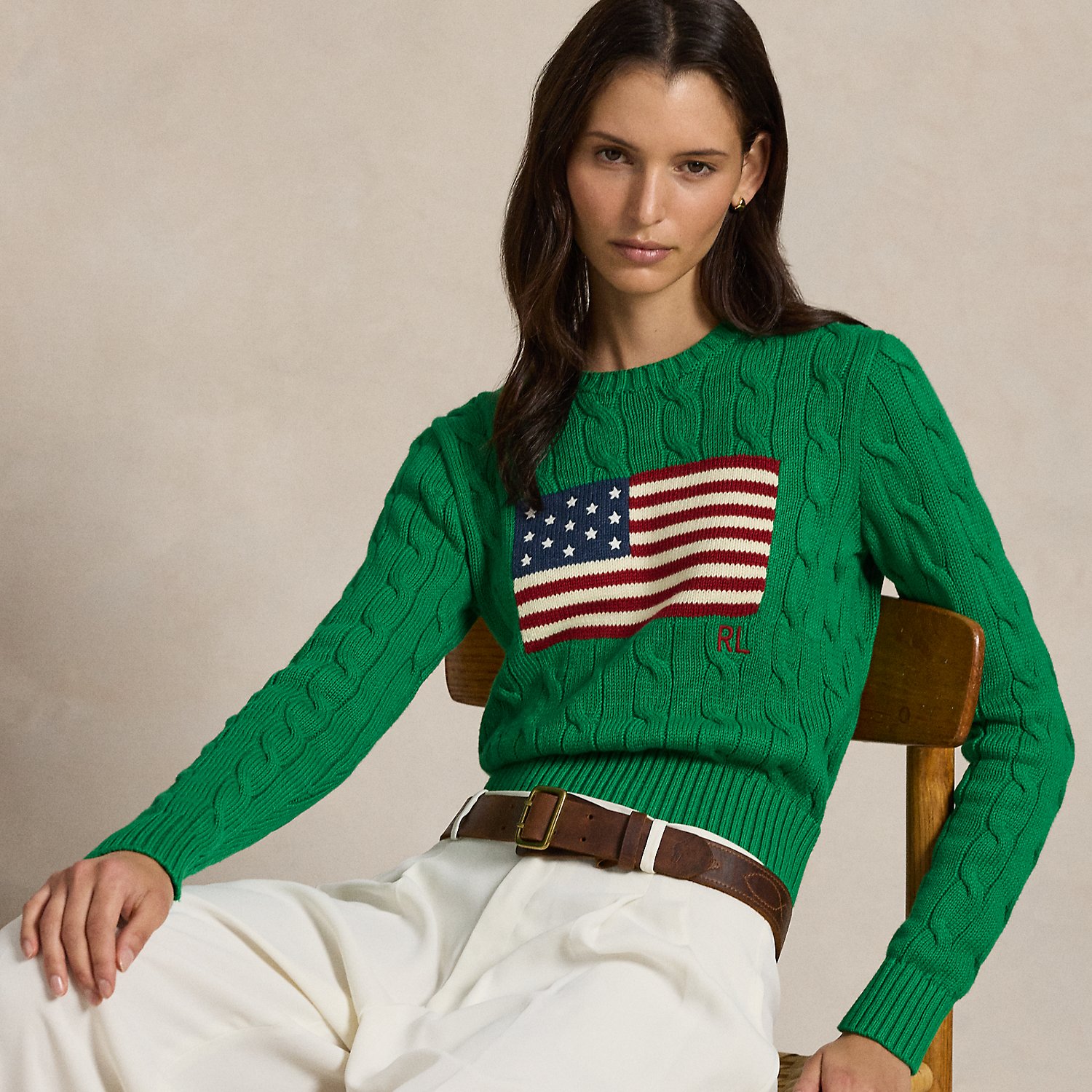 Kurzer Zopfmusterpullover mit US-Flagge von Polo Ralph Lauren