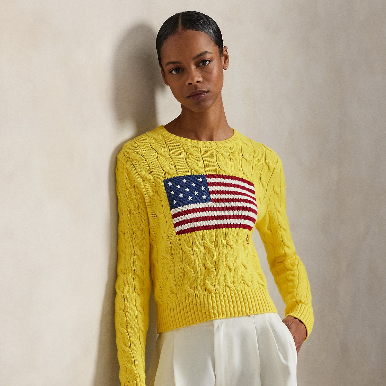 Kurzer Zopfmusterpullover mit US-Flagge von Polo Ralph Lauren