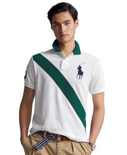 POLO RALPH LAUREN Herren Poloshirt mit klassischer Passform, Netzstoff, Größe L, Weiß / Grün / Marineblau, Weiß und Grün (Navy Pony), Large von POLO RALPH LAUREN