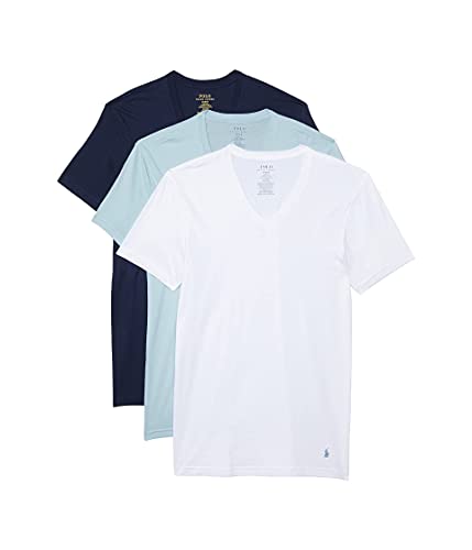 POLO RALPH LAUREN Unterhemd mit klassischer Passform, mit feuchtigkeitsableitendem 3er-Pack, V-Ausschnitt, Weiß/Surfblau/Cruise Navy LG, Weiß/Surf Blue/Cruise Navy, Groß von Polo Ralph Lauren