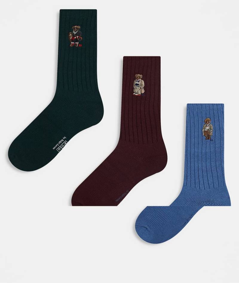 Polo Ralph Lauren - 3er-Pack Socken in verschiedenen Farben mit Bear-Motiv, Geschenkbox-Bunt von Polo Ralph Lauren